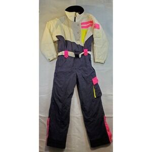 Vintage Kids Tyrolia Ski Suit White Pink Yellow Retro One Piece Snowsuit Size 14